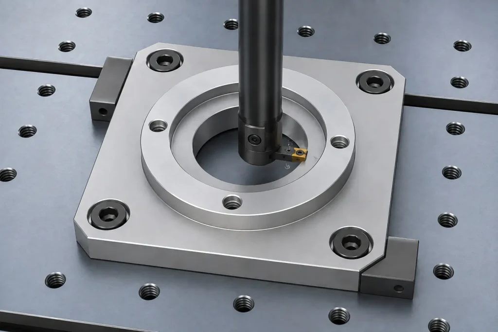 Fine-boring tool finishing the critical bore of a secured aluminum bearing housing