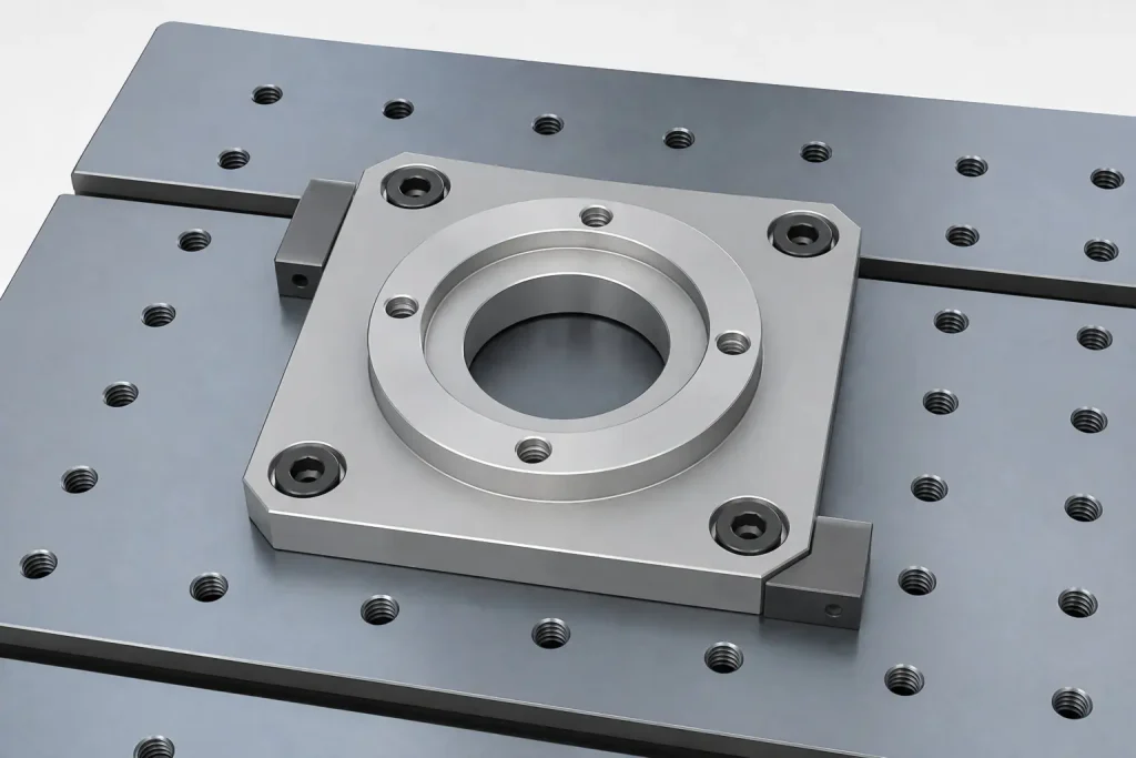 Aluminum bearing housing secured with low-distortion workholding on a CNC fixture plate