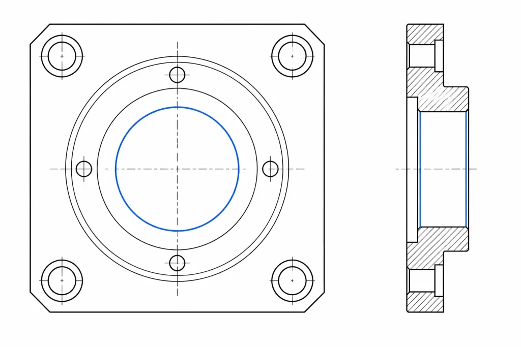 Simplified 2D drawing of an aluminum bearing housing with the critical central bore highlighted