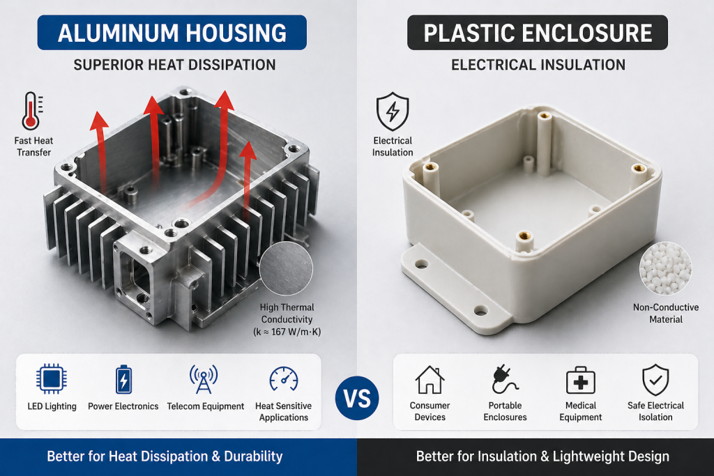 aluminum housing for heat dissipation compared with plastic enclosure for insulation applications