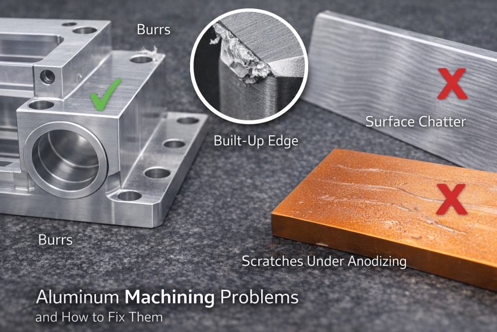 Examples of common CNC aluminum machining defects including burrs chatter and surface scratches