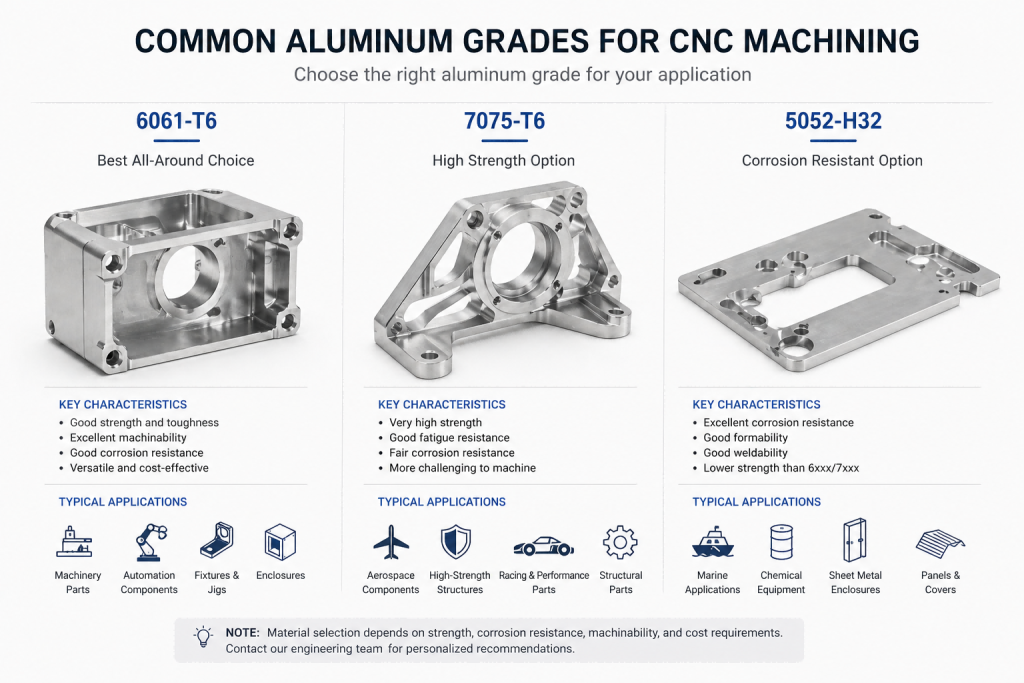 comparison of CNC machined aluminum grades 6061 7075 和 5052 with engineering labels