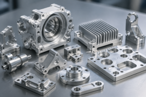 precision CNC machined aluminum parts including housings, brackets, and milled components on a clean industrial background