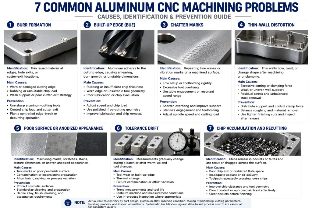 Infographic comparing seven common aluminum CNC machining problems: burr formation, built-up edge, chatter marks, thin-wall distortion, poor anodized appearance, tolerance drift, and chip accumulation.