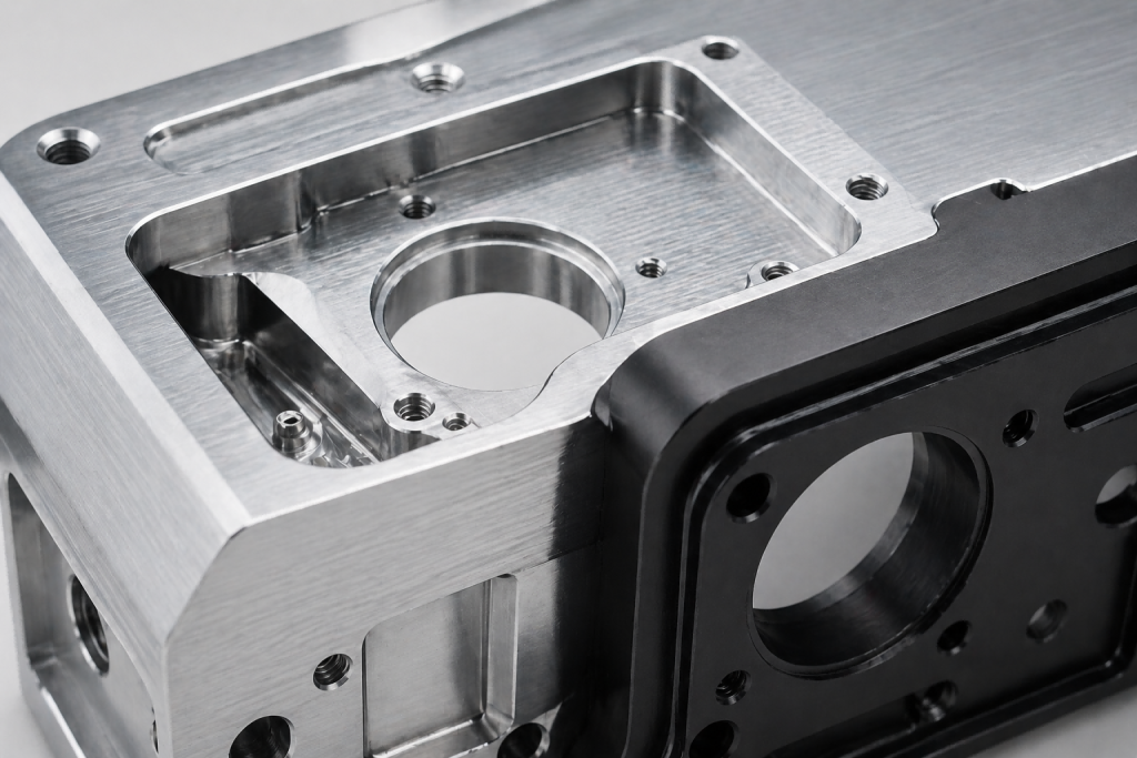 close up CNC machined aluminum housing with premium anodized and fine milled surface texture
