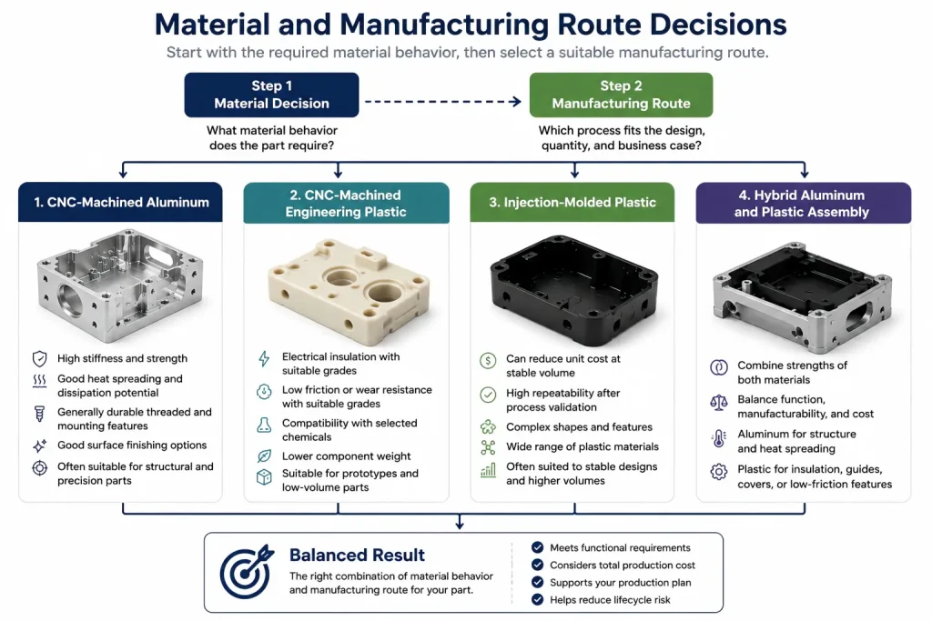 Infographic comparing CNC-machined aluminum, CNC-machined engineering plastic, injection-molded plastic, and hybrid aluminum-plastic assemblies as material and manufacturing route options.
