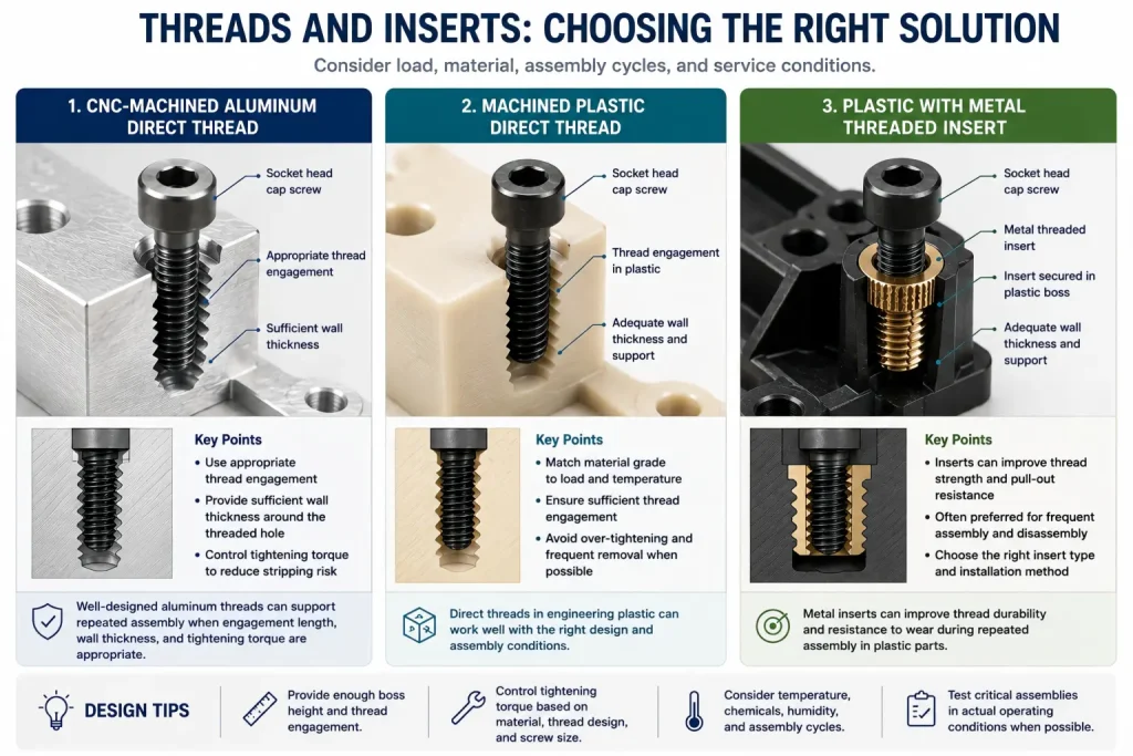 Infographic comparing direct threads in CNC-machined aluminum, direct threads in machined engineering plastic, and metal threaded inserts installed in plastic bosses.