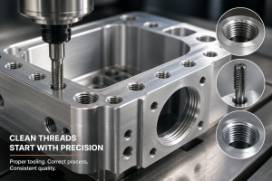 precision CNC machined aluminum threaded holes with tapping tool and clean internal threads