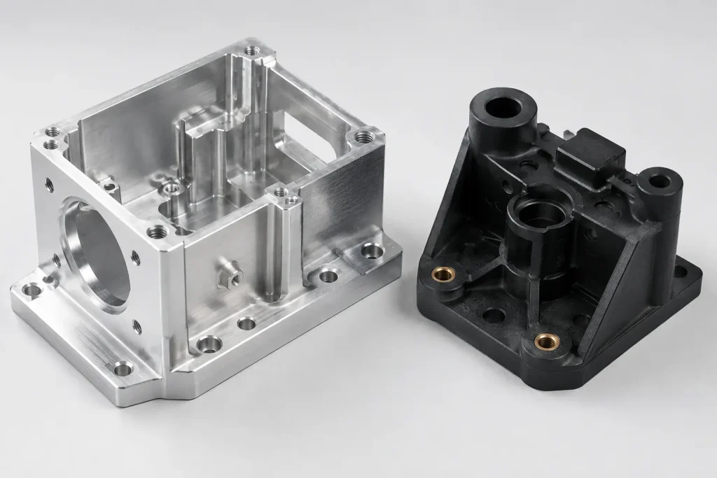 CNC-machined aluminum housing beside an injection-molded plastic housing with reinforcing ribs, mounting bosses, and brass threaded inserts.