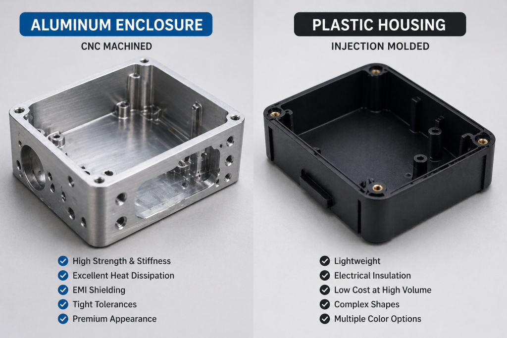 side by side comparison of CNC machined aluminum enclosure and precision plastic molded housing