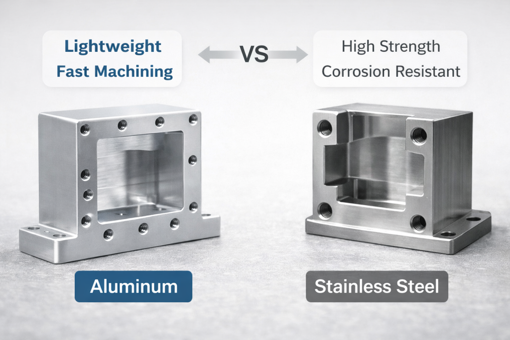 Side by side CNC machined aluminum and stainless steel parts showing weight strength and finish differences