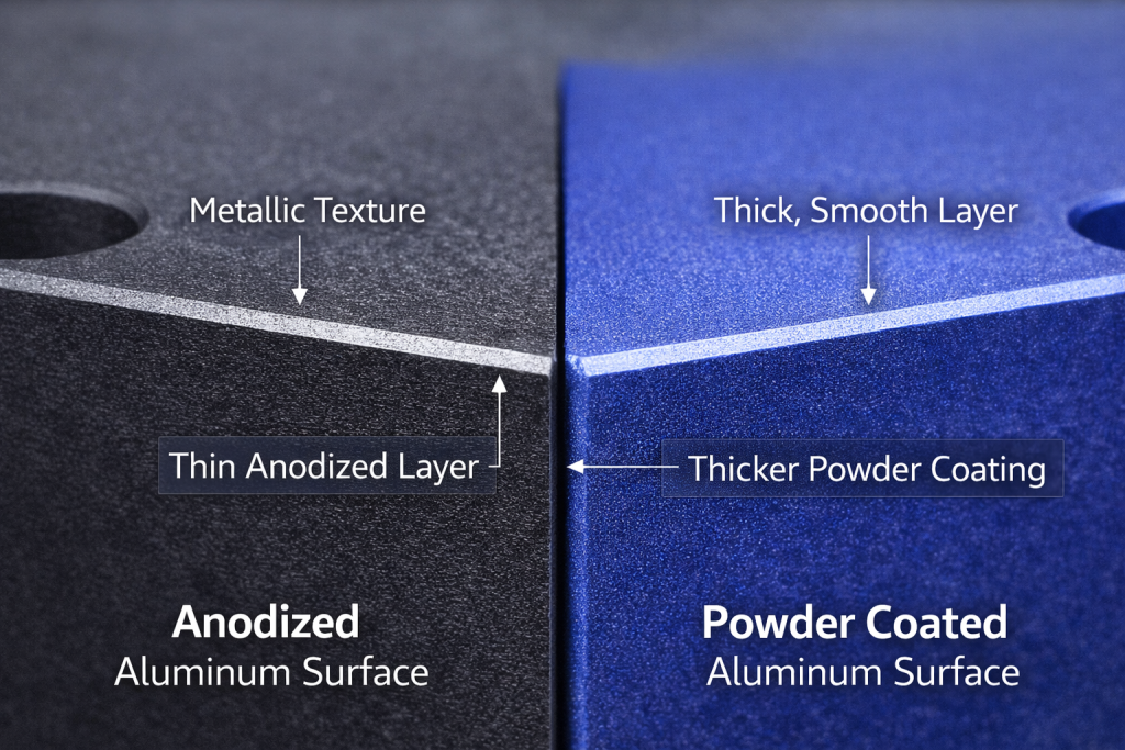 Comparison of anodized aluminum surface and powder coated aluminum surface on CNC parts