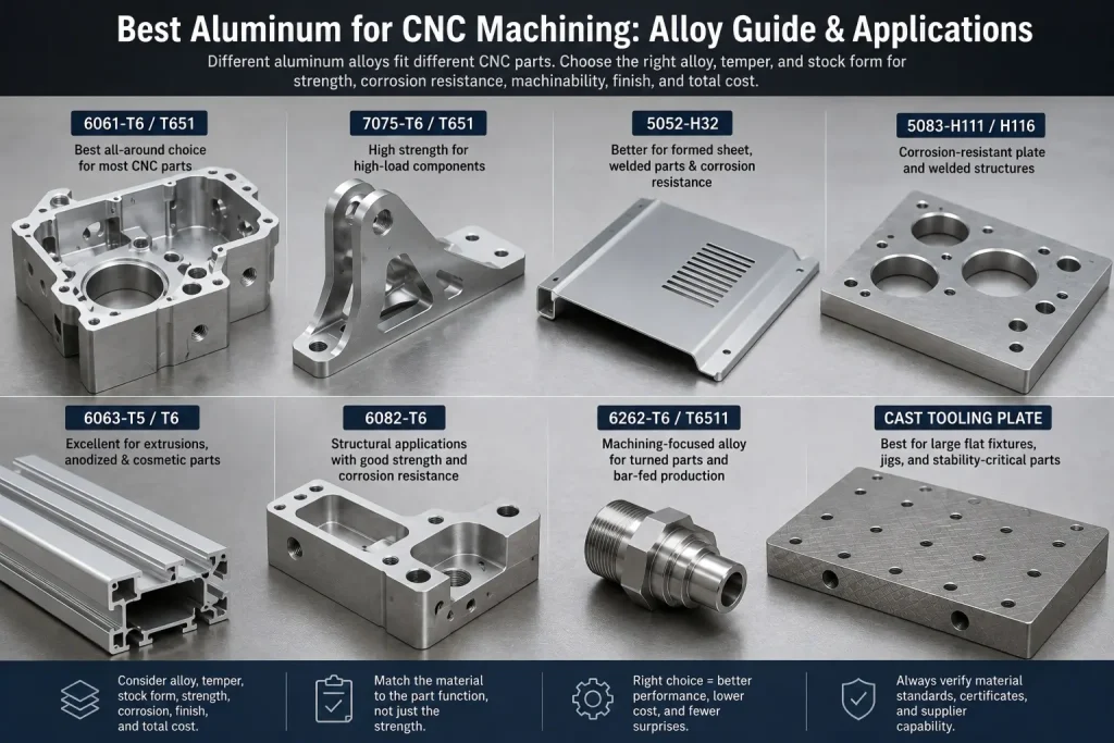 Aluminum alloy guide comparing 6061, 7075, 5052, 5083, 6063, 6082, 6262, and cast tooling plate for CNC machining applications.