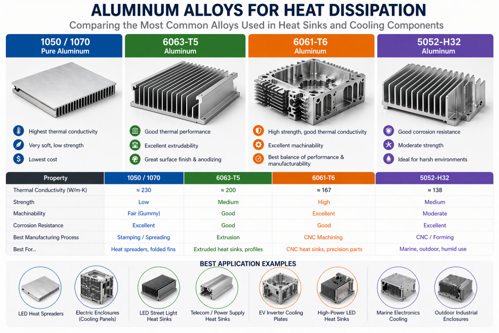 Comparison of aluminum alloys for heat dissipation including 6061 6063 1050 Und 5052