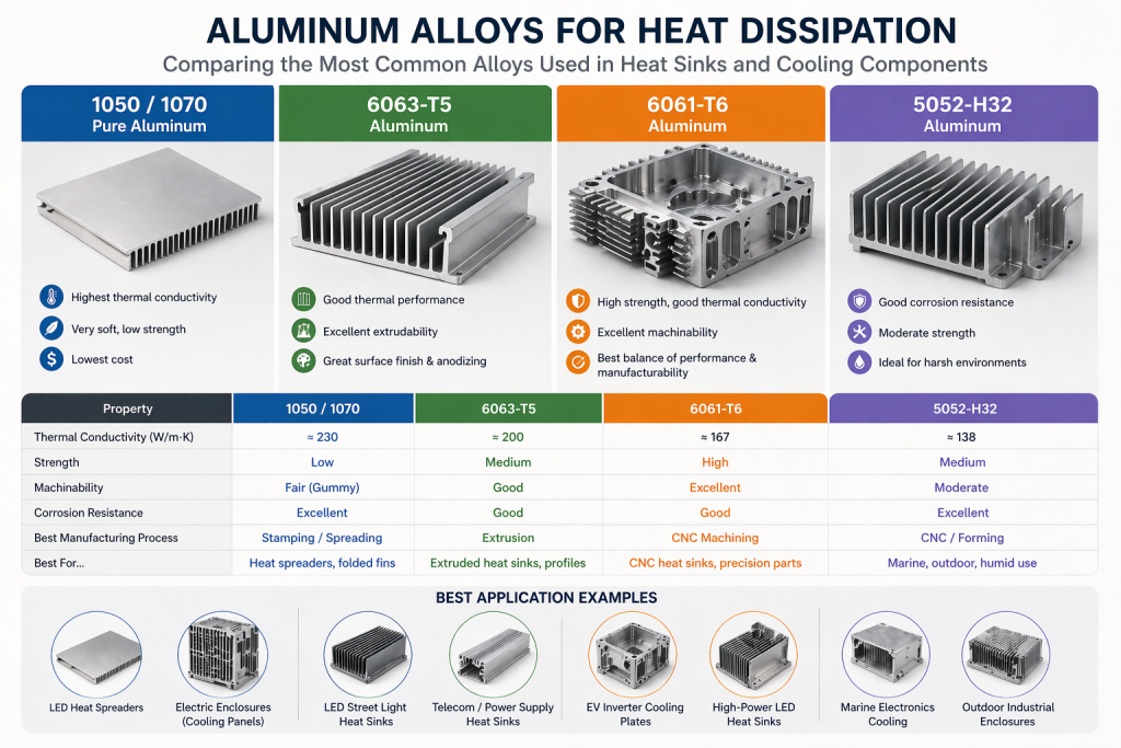 Comparison of aluminum alloys for heat dissipation including 6061 6063 1050 and 5052