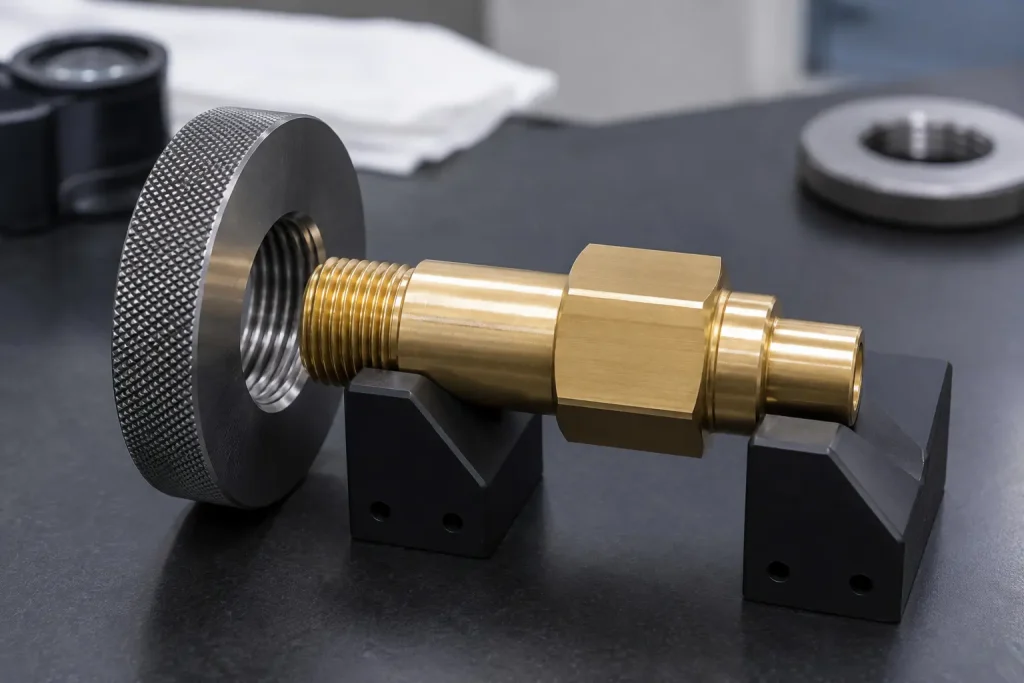 Conceptual thread ring gauge inspection of an external thread on a CNC-machined brass electrical connector supported in V-blocks