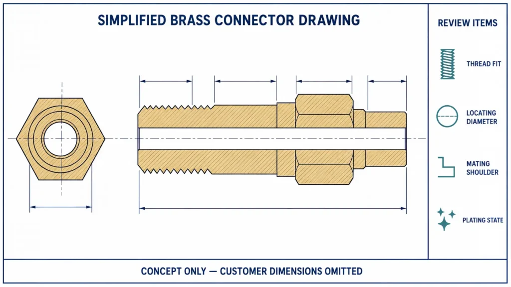 Simplified 2D sectional drawing of a brass electrical connector showing external thread, through bore, locating diameter, shoulder, and plating review items