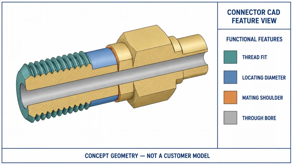 3D CAD cutaway of a brass electrical connector showing thread fit, locating diameter, mating shoulder, hex section, and through bore