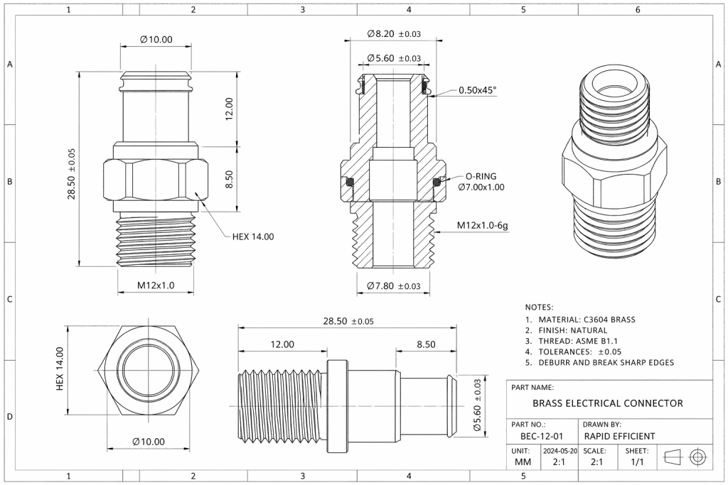 CAD drawing of brass electrical connector with thread tolerance and contact dimensions