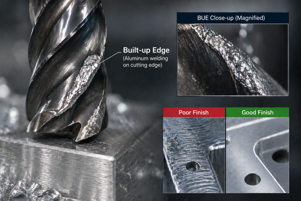 built up edge on end mill during aluminum machining causing poor finish and tool wear