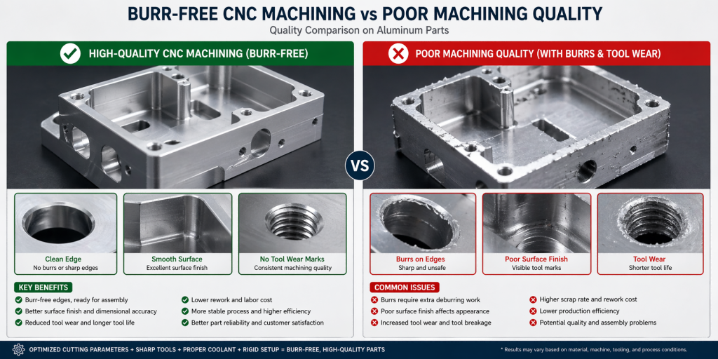 burr free CNC machining aluminum parts quality compared with poor burr edges and tool wear