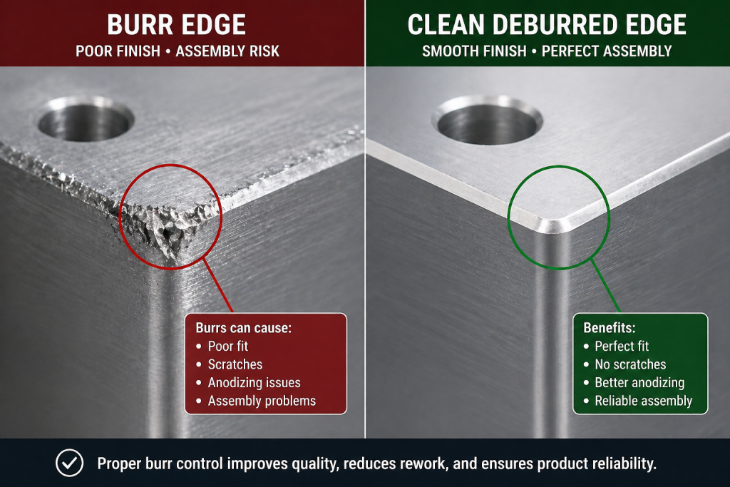 comparison of burr edge versus clean deburred edge on CNC machined aluminum part