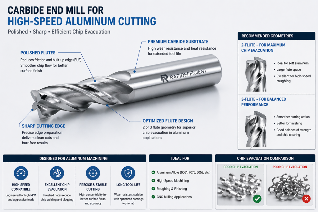 polished carbide end mill for high speed CNC aluminum cutting with flute design for chip evacuation