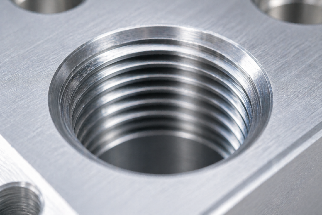 close up clean CNC machined aluminum internal thread with smooth thread profile