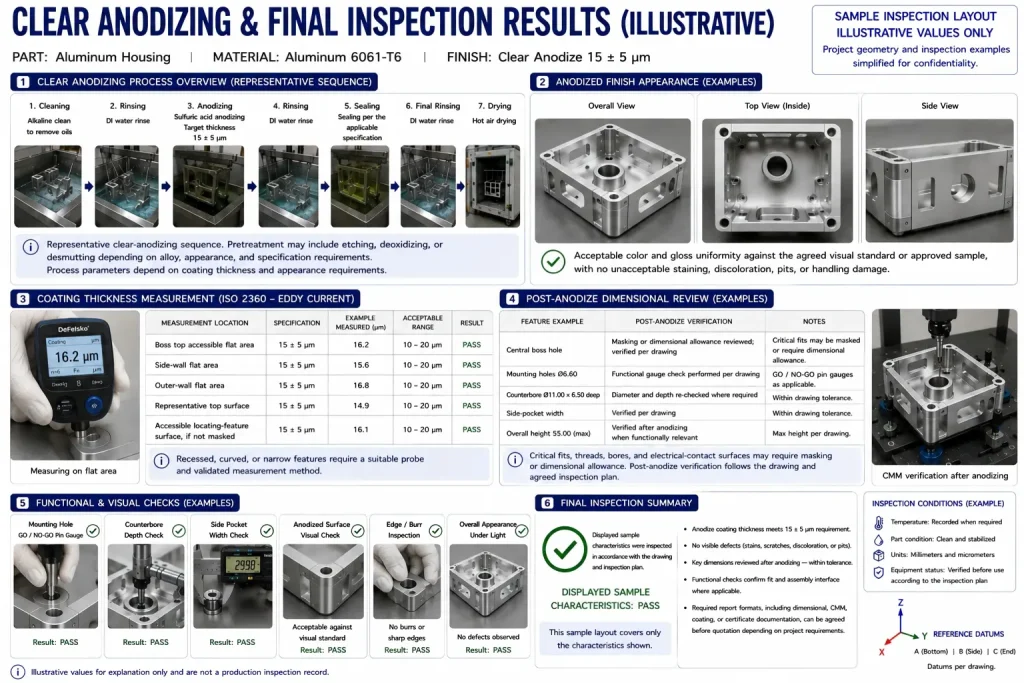 Representative clear anodizing and final inspection layout for a 6061-T6 CNC aluminum housing showing the anodizing sequence, coating thickness measurement, post-anodize dimensional review, functional checks, and visual inspection.