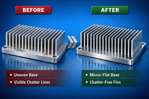 CNC machined aluminum heat sink with fins on blue background