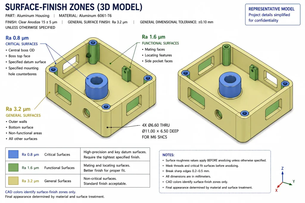 Two representative 3D CAD views of a 6061-T6 aluminum housing showing Ra 0.8 临界面, 拉 1.6 功能表面, and Ra 3.2 general machined areas.