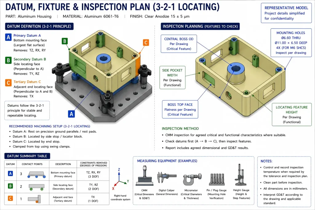 代表 3-2-1 datum, 夹具, and inspection plan for a 6061-T6 CNC aluminum housing showing datum A B C, support and clamping, 关键特征, and measurement methods.