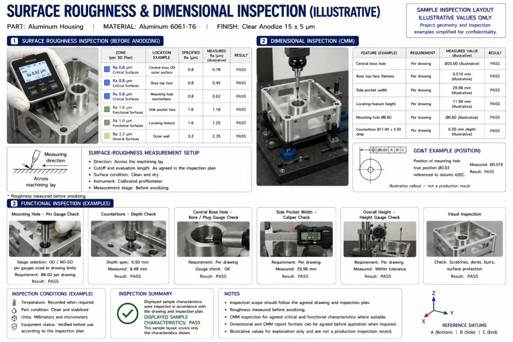 Representative surface roughness and dimensional inspection layout for a CNC aluminum housing showing profilometer measurement, 三坐标检测, GO and NO-GO pin gauges, depth and dimensional checks, and visual inspection.