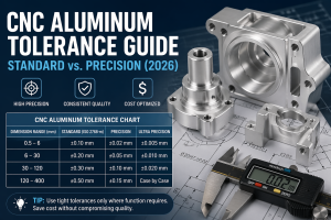 CNC machined aluminum parts with tolerance chart comparing standard and precision machining levels