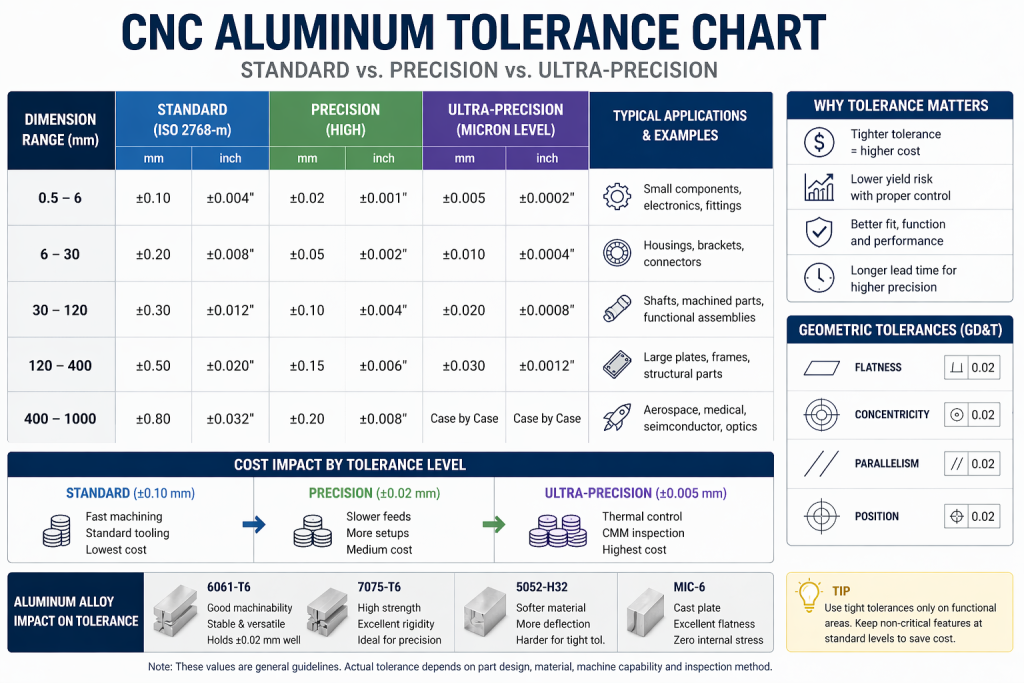 CNC aluminum tolerance chart showing standard precision and ultra precision machining levels