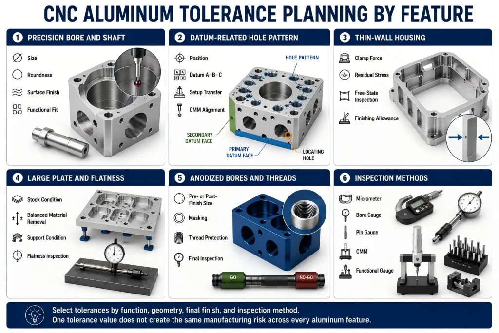 CNC aluminum tolerance planning guide for precision bores, datum-related hole patterns, thin-wall housings, large-plate flatness, anodized bores and threads, and inspection methods.