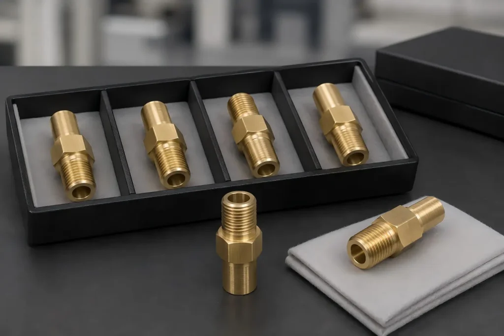 Conceptual batch of matching CNC-machined brass electrical connector bodies arranged in a soft inspection tray for protected handling