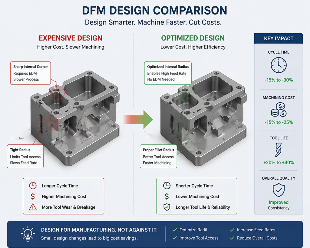 Engineering DFM comparison of fillet optimization to reduce CNC machining costs