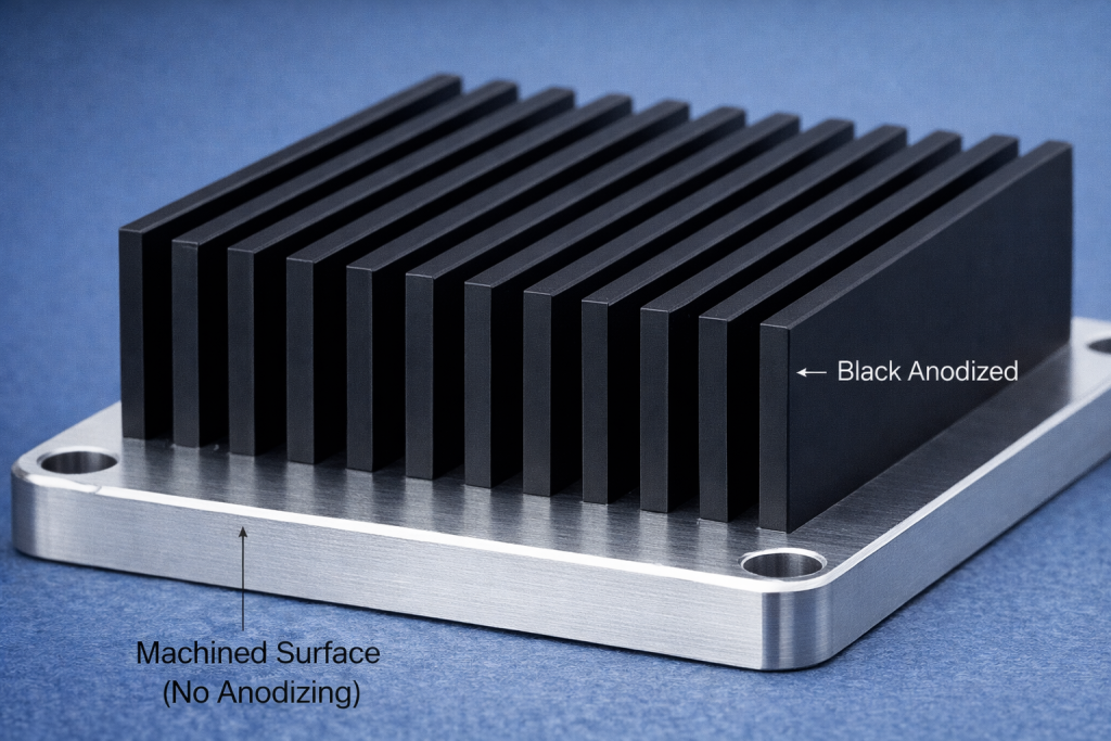 CNC machined aluminum heat sink with black anodized fins and machined base surface