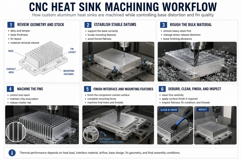 Infographic showing a six-step CNC aluminum heat sink machining workflow from geometry and stock review through datum setup, bulk roughing, fin machining, interface finishing, cleaning, surface finishing, and inspection.