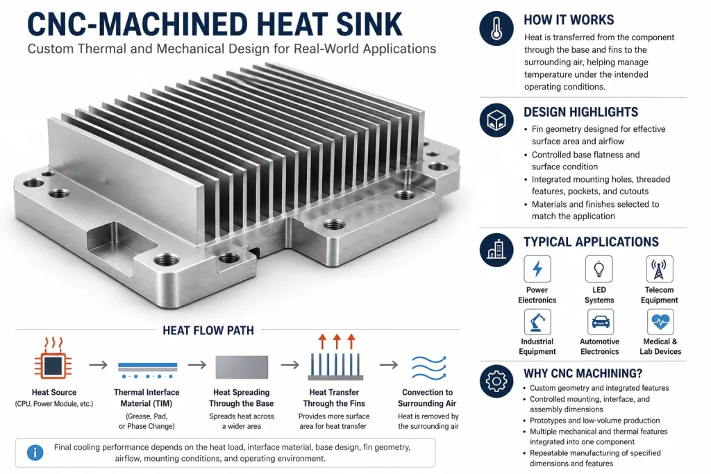 Infographic showing a custom CNC-machined aluminum heat sink and the heat-flow path from the heat source through the thermal interface, base, fins, and surrounding air.