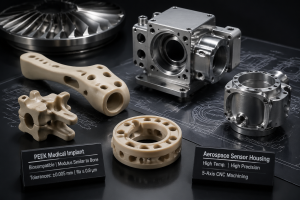 High-precision CNC machining showcasing PEEK implants and aerospace sensor housings