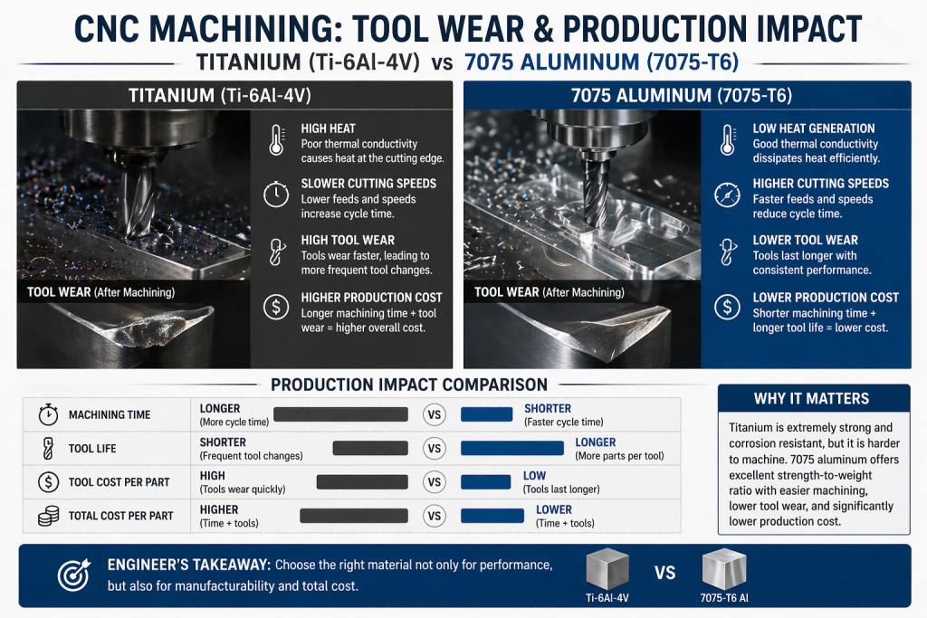 CNC machining titanium vs 7075 tool wear impact and production cost comparison