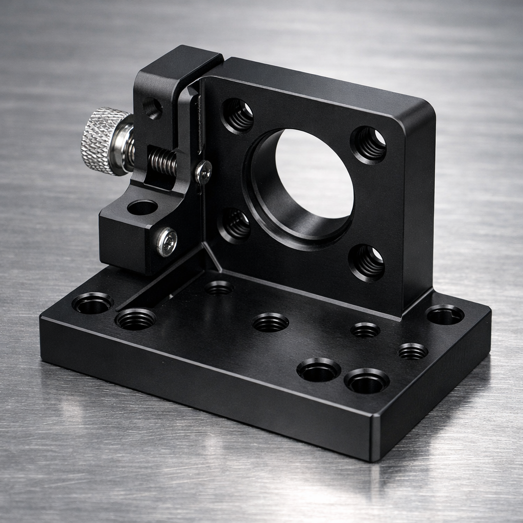 CNC machined aluminum optical mount with precision holes and black anodized finish