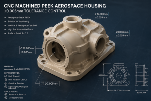 High-precision 3D model of a PEEK aerospace housing with ±0.005mm tolerance callouts