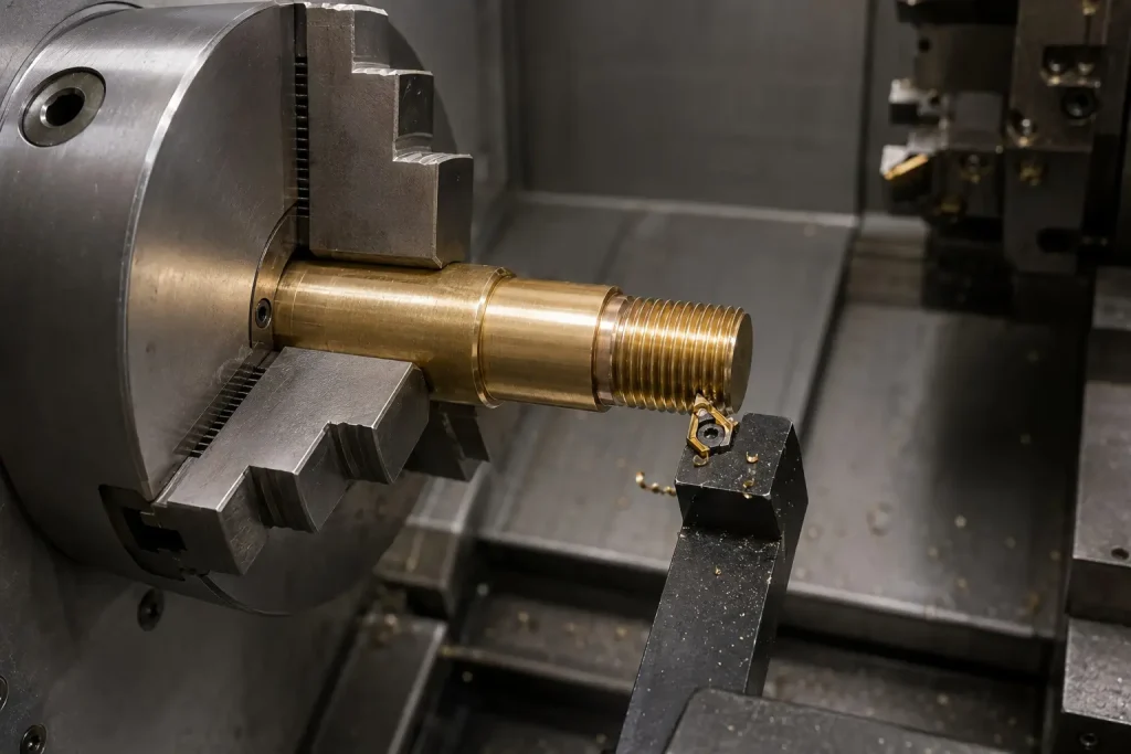 Conceptual CNC turning setup with a single-point threading tool cutting an external thread on a brass connector blank