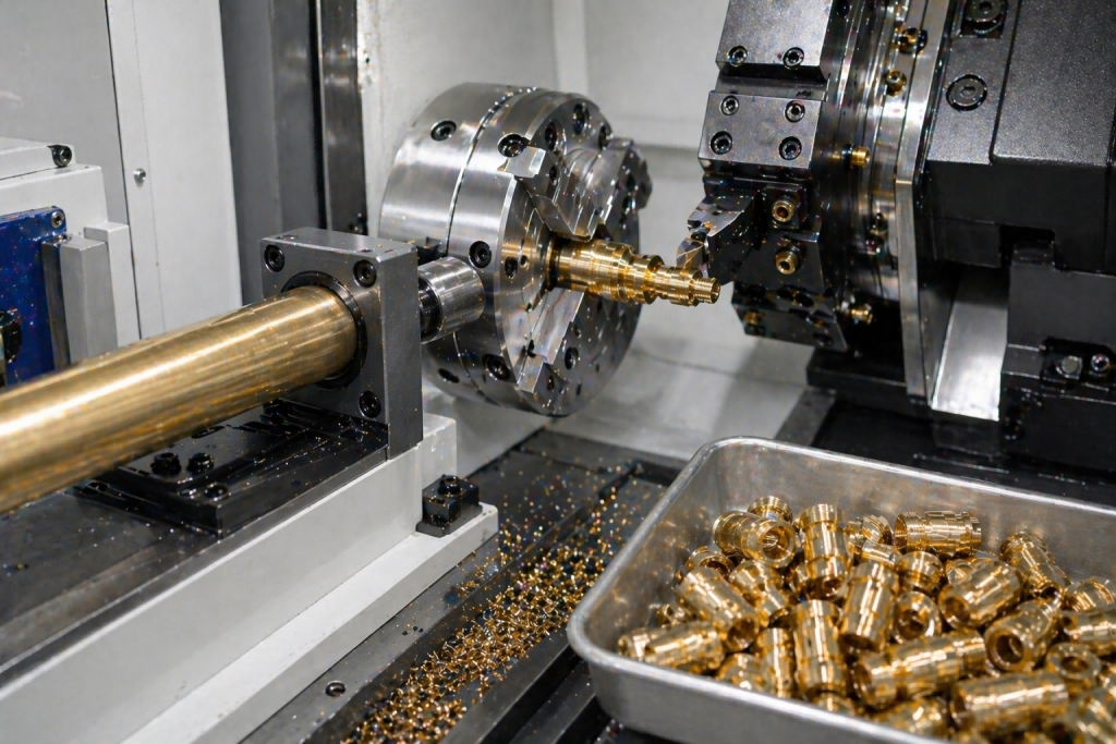 CNC turning process for brass electrical connectors with automatic bar feeding and precision tooling