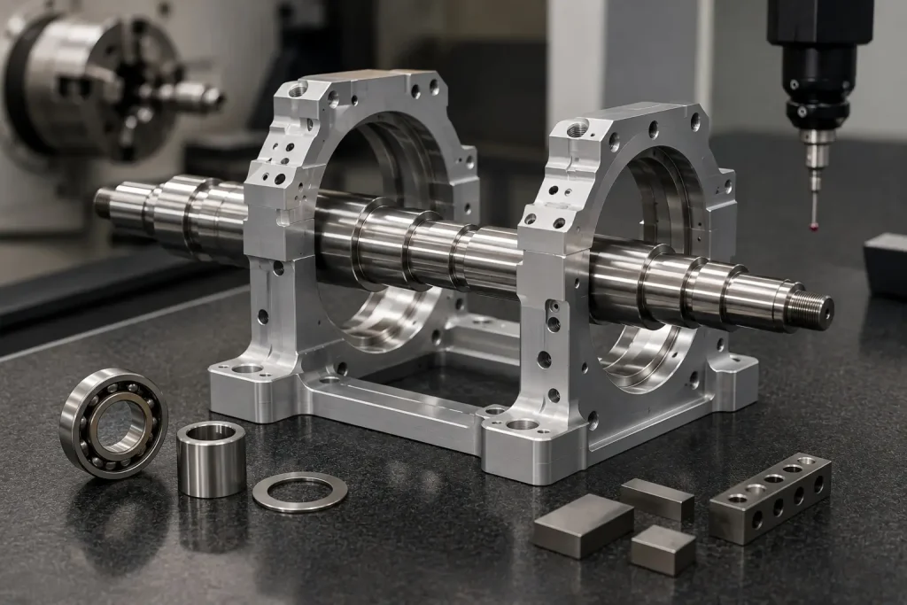 CNC-machined stepped shaft aligned through front and rear precision bearing bores in an aluminum housing to represent a shared functional axis.