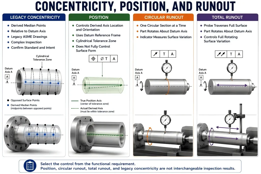 Technical comparison of legacy concentricity, position, circular runout, and total runout for CNC-machined shafts and bores.