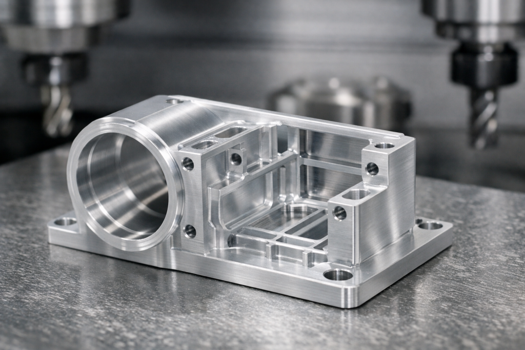 CNC machined thin wall aluminum part showing internal pocket structure and lightweight design